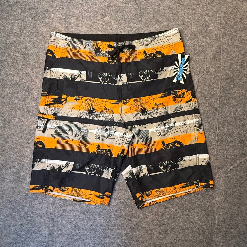Hibiscus Stripe Mens Board Shorts 34 Orange Black Tropical Swim NWT Beach Resort